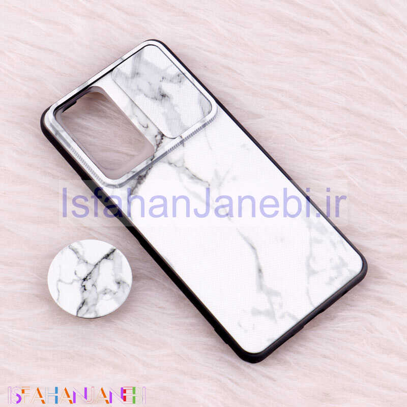 اصفهان جانبی-قاب طرحدار محافظ لنزدار کشویی + پاپ سوکت طرح سنگی Redmi Note 10 Pro سری C سفید