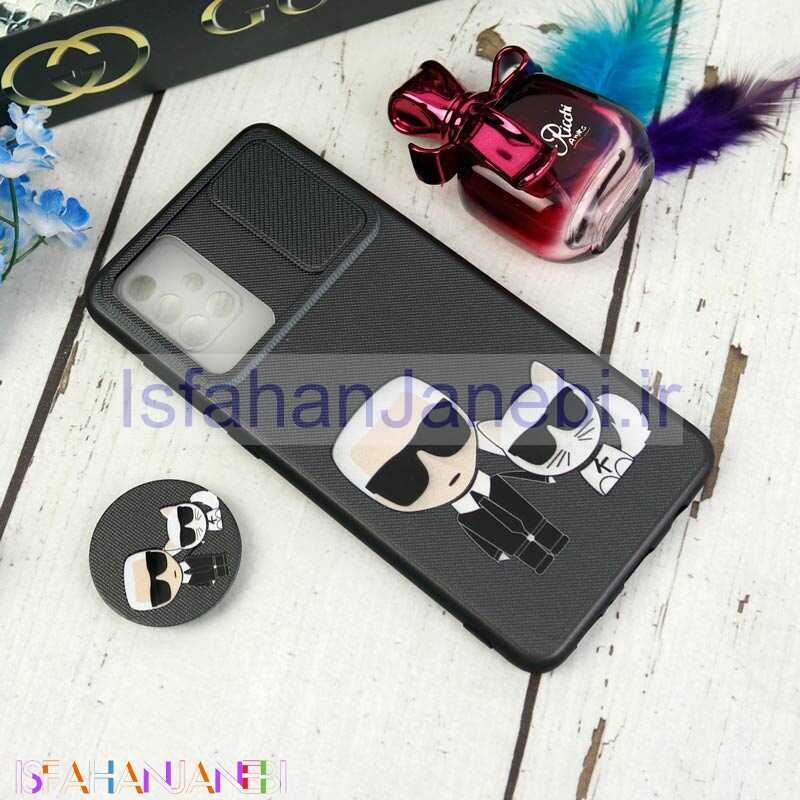 اصفهان جانبی-قاب طرحدار محافظ لنزدار کشویی + پاپ سوکت طرح Boss Cat سامسونگ A71 سری C