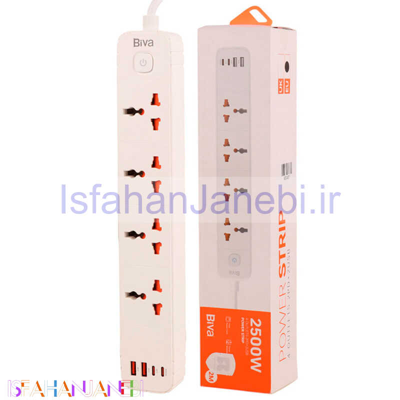 اصفهان جانبی-چند راهی 4 خانه برق بیوا PS-05 با کابل 2 متری + شارژر USB و Type-C