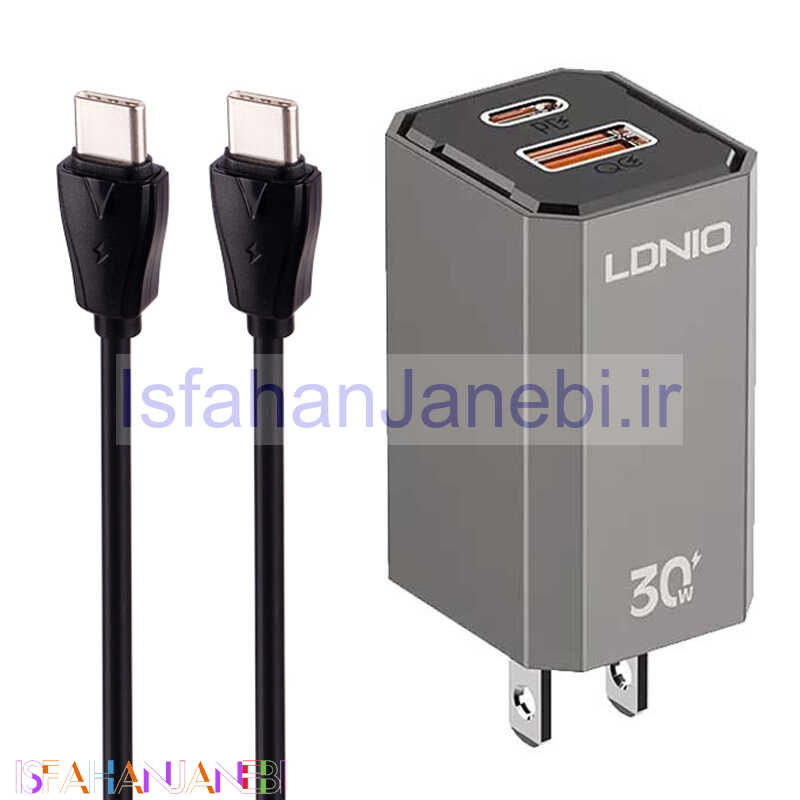 اصفهان جانبی-شارژر دیواری فست شارژ Ldnio A2527C 2Port QC3.0 PD 3A 30W + کابل تبدیل تایپ سی