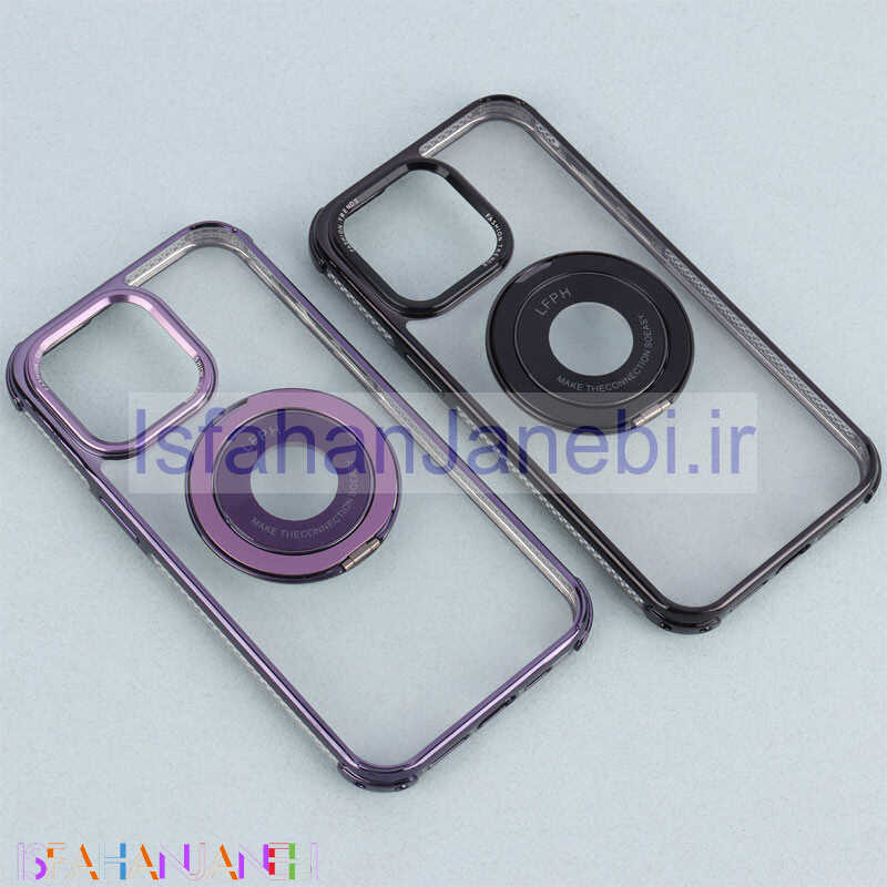 اصفهان جانبی-قاب PC شفاف Fashion Trends استند شو + محافظ لنز رینگی iPhone 15 Pro Max