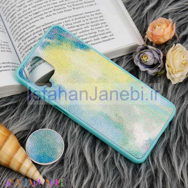 اصفهان جانبی-قاب چرمی هولوگرامی پاپ سوکت دار Samsung Galaxy A12 سبز آبی