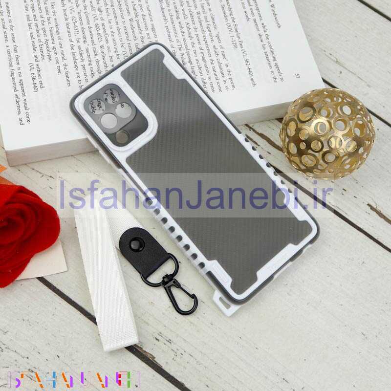 اصفهان جانبی-قاب PC Carbon محافظ لنز دار + بند آویز Samsung Galaxy A22 4G