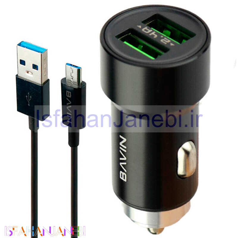اصفهان جانبی-شارژر فندکی فست شارژ Bavin PC375 2.4A 12W + کابل میکرو یو اس بی