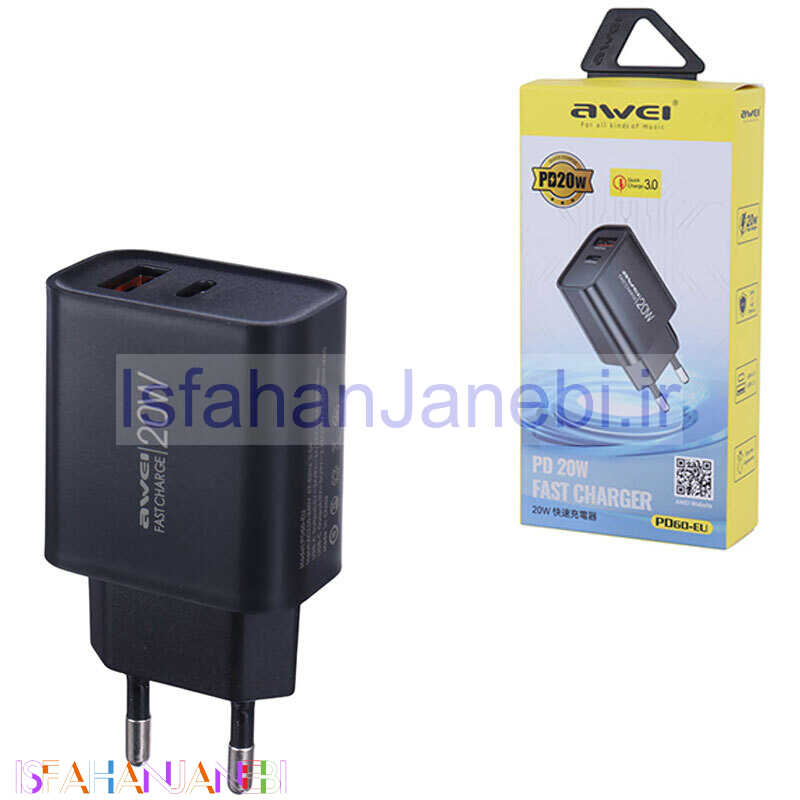 اصفهان جانبی-شارژر دیواری 20 وات اوی PD60-EU QC3.0 PD 3A