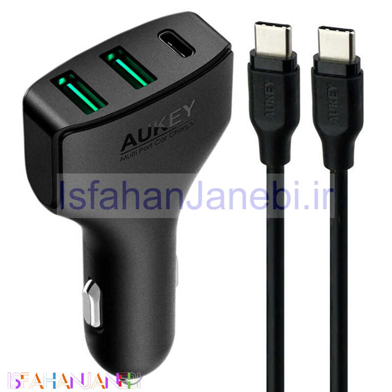 اصفهان جانبی-شارژر فندکی فست شارژ Aukey CC-Y3 QC3.0 3A PD 49.5W + کابل تایپ سی