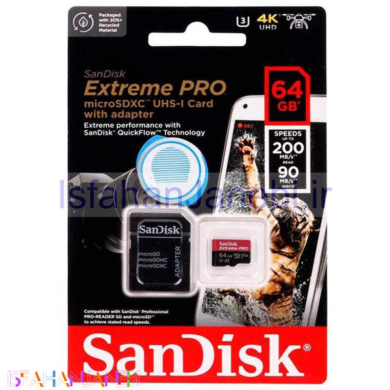اصفهان جانبی-رم میکرو 64 گیگ سن دیسک SanDisk Extreme Pro V30 U3 A2 C10 200MB/s + خشاب