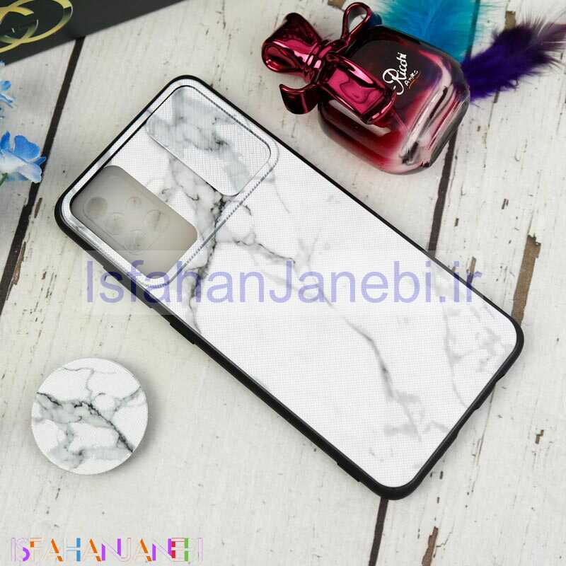 اصفهان جانبی-قاب طرحدار محافظ لنزدار کشویی + پاپ سوکت طرح سنگی سفید سامسونگ A51 سری C