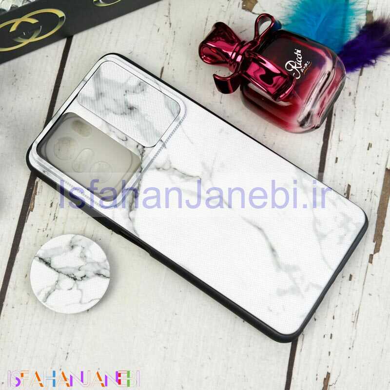 اصفهان جانبی-قاب طرحدار محافظ لنزدار کشویی + پاپ سوکت طرح سنگی سفید شیائومی Poco F3 سری C