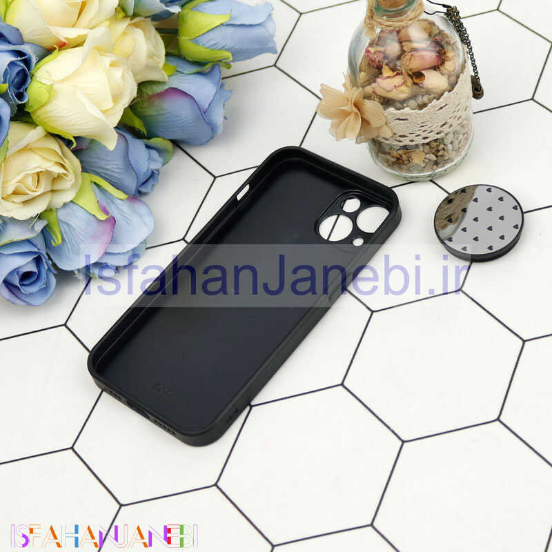 اصفهان جانبی-قاب محافظ لنزدار آینه ای + پاپ سوکت طرح قلب مشکی iPhone 13