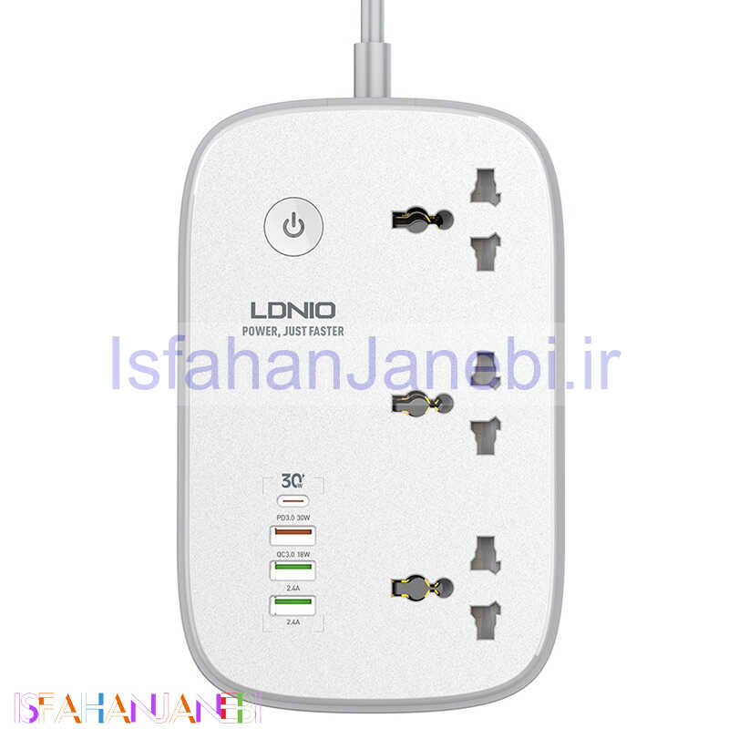 اصفهان جانبی-چند راهی 3 خانه برق ارت دار هوشمند الدینیو SCW3451 با کابل 2 متری + شارژر USB و Type-C