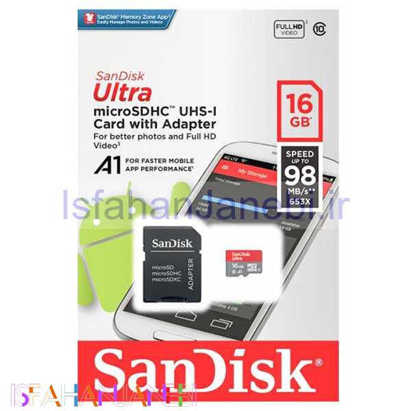 اصفهان جانبی-رم میکرو 16 گیگ سن دیسک SanDisk Ultra U1 A1 98MB/s + خشاب