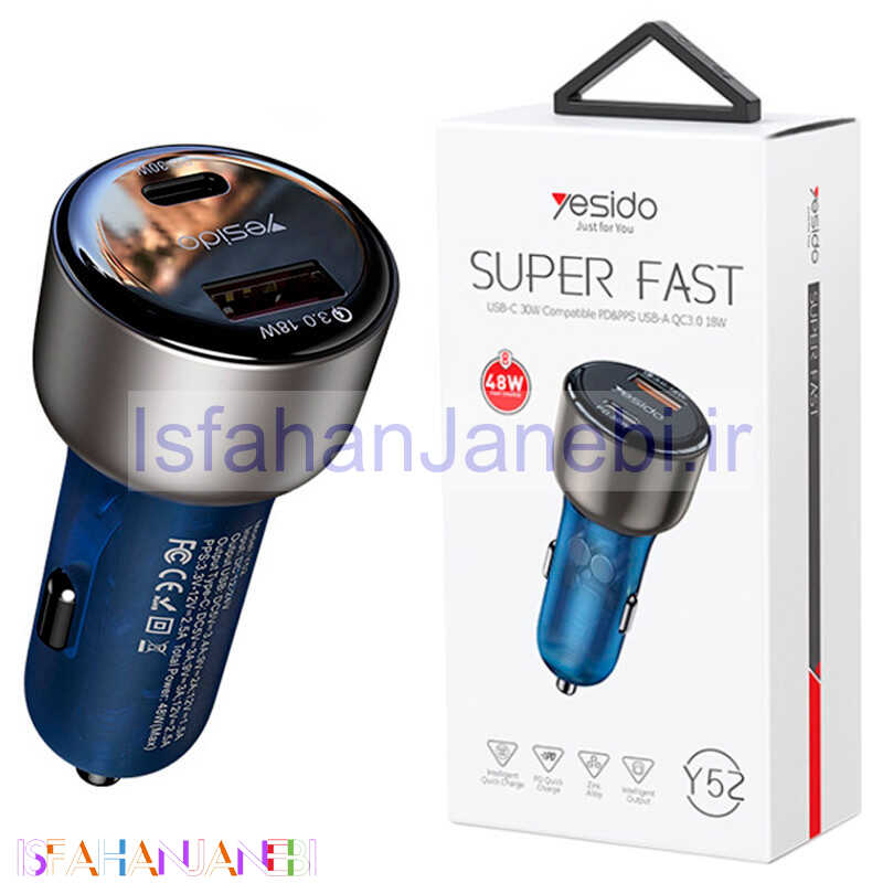 اصفهان جانبی-شارژر فندکی فست شارژ Yesido Y52 3.4A QC3.0 PD 30W