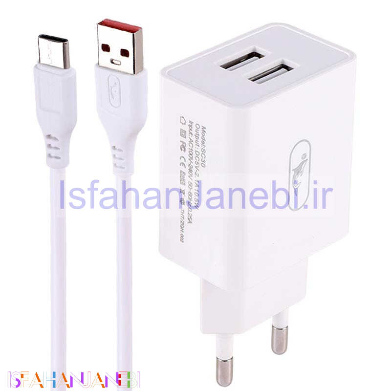 اصفهان جانبی-شارژر دیواری 10.5 وات اسکای دلفین SC30T 2.1A + کابل تایپ سی