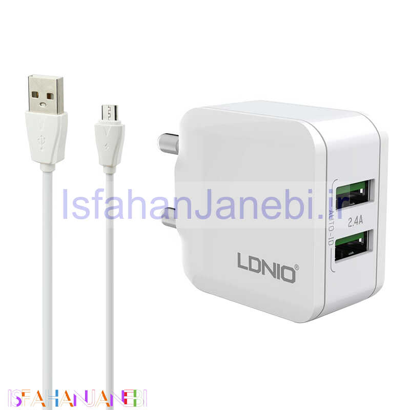 اصفهان جانبی-شارژر دیواری فست شارژ LDNIO A2202 2.4A 12W + کابل میکرو یو اس بی