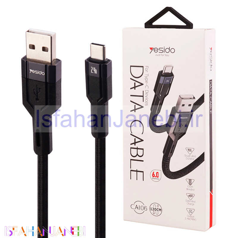 اصفهان جانبی-کابل تایپ سی فست شارژ Yesido CA106 2.4A 18W QC 1.2m