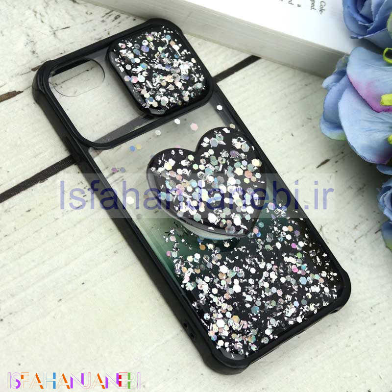 اصفهان جانبی-قاب محافظ لنزدار کشویی اکلیلی شفاف + پاپ سوکت قلبی آیفون iPhone 6 / 6s