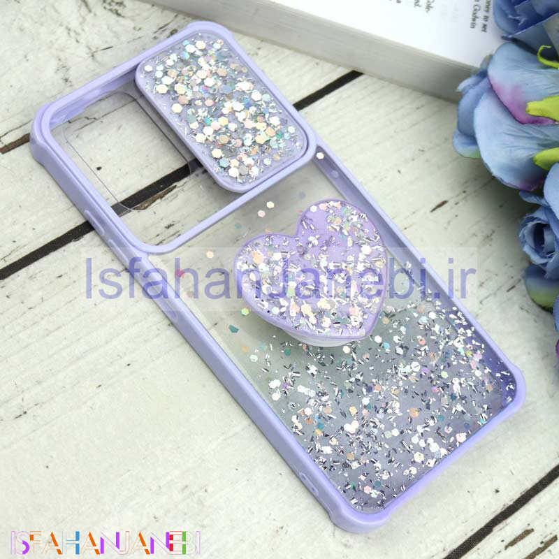 اصفهان جانبی-قاب محافظ لنزدار کشویی اکلیلی شفاف + پاپ سوکت قلبی Xiaomi Redmi Note 10