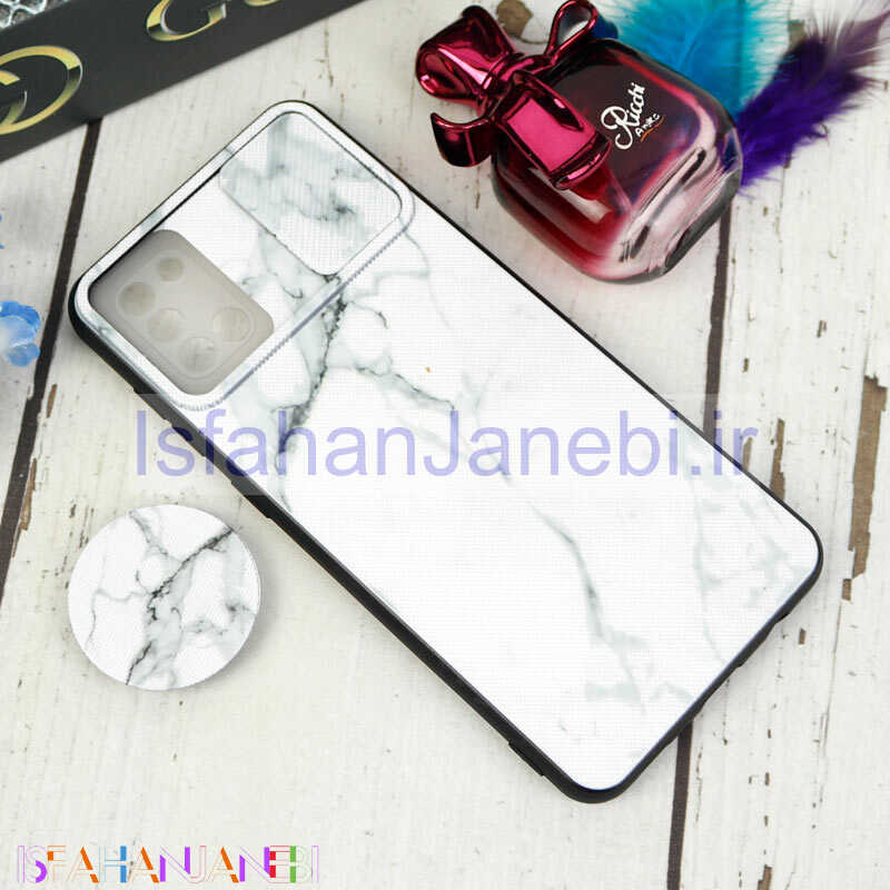 اصفهان جانبی-قاب طرحدار محافظ لنزدار کشویی + پاپ سوکت طرح سنگی سفید سامسونگ A31 سری C