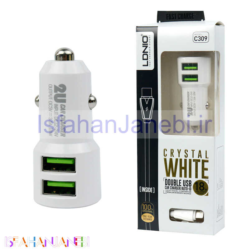 اصفهان جانبی-شارژر فندکی فست شارژ LDNIO C309 3.6A 18W + کابل آیفونی