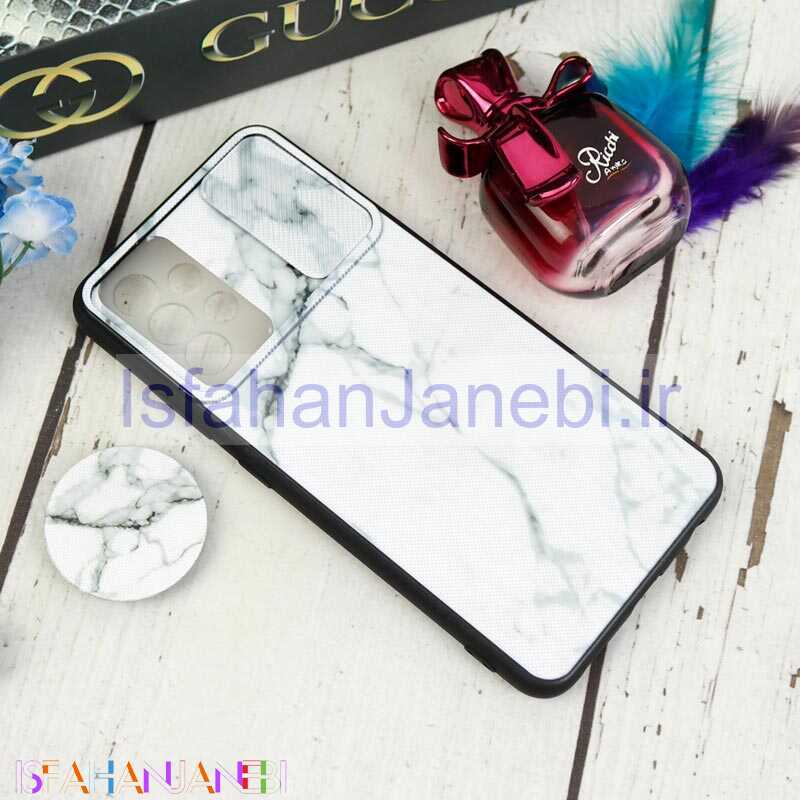 اصفهان جانبی-قاب طرحدار محافظ لنزدار کشویی + پاپ سوکت طرح سنگی سفید سامسونگ A32 4G سری C