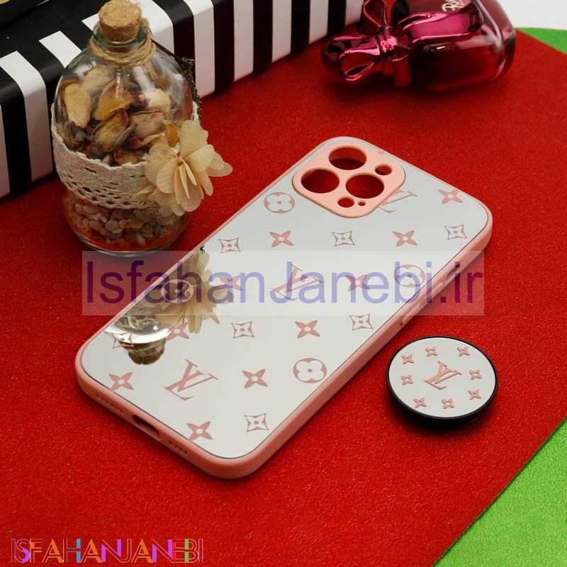 اصفهان جانبی-قاب محافظ لنزدار آینه ای + پاپ سوکت طرح LV صورتی iPhone 12 Pro Max