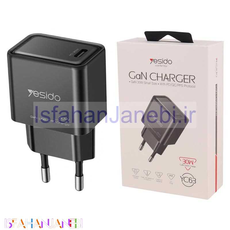 اصفهان جانبی-کلگی فست شارژ Yesido YC63 Gan 3A QC PD 30W Type-C