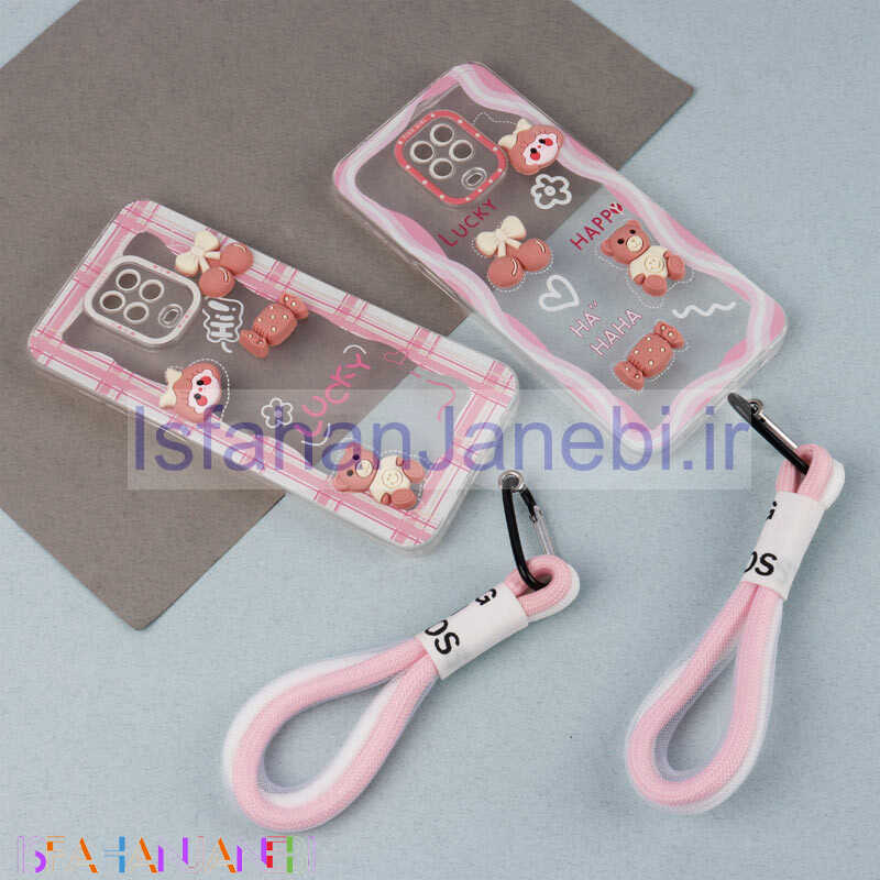 اصفهان جانبی-قاب ژله ای عروسک برجسته محافظ لنزدار + بند آویز لنیارد Xiaomi Redmi Note 9s / Note 9 Pro / Note 10 Lite