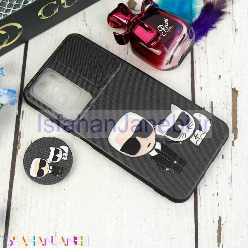 اصفهان جانبی-قاب طرحدار محافظ لنزدار کشویی + پاپ سوکت طرح Boss Cat شیائومی Redmi Note 10 / Note 10s سری C