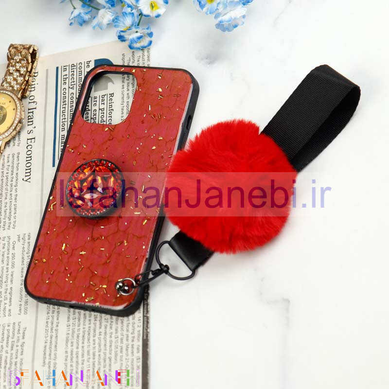 اصفهان جانبی-قاب ماربل طلایی پوم پوم دار + پاپ سوکت الماسی آیفون iPhone 12 Pro Max