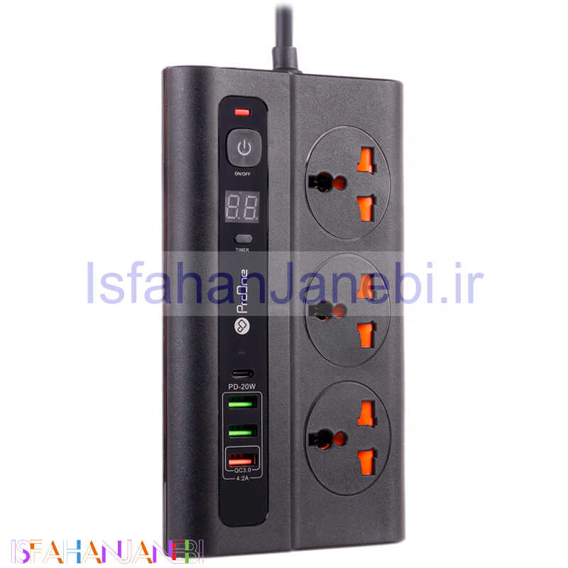 اصفهان جانبی-چند راهی 3 خانه برق ارت دار پرووان PSP11PD با کابل 2 متری + شارژر USB و Type-C