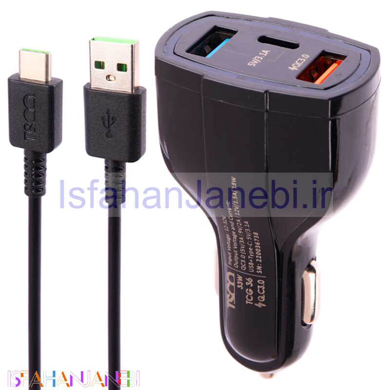 اصفهان جانبی-شارژر فندکی فست شارژ TSCO TCG 36 3A QC3.0 PD 33W + کابل تایپ سی