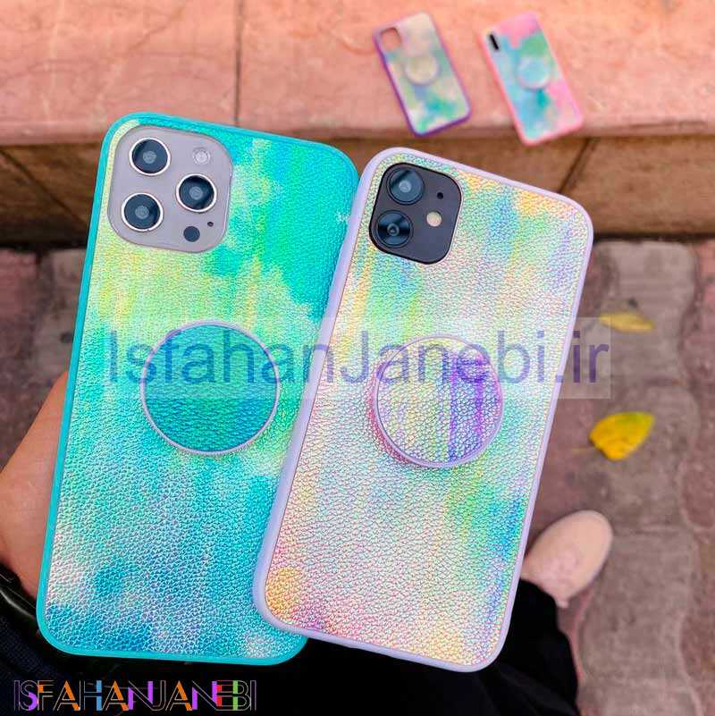 اصفهان جانبی-قاب چرمی هولوگرامی پاپ سوکت دار iPhone X صورتی