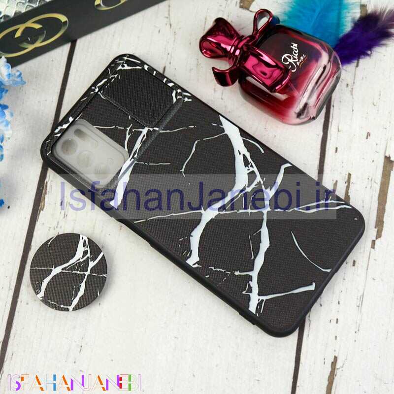 اصفهان جانبی-قاب طرحدار محافظ لنزدار کشویی + پاپ سوکت طرح سنگی مشکی شیائومی Poco M3 Pro سری C