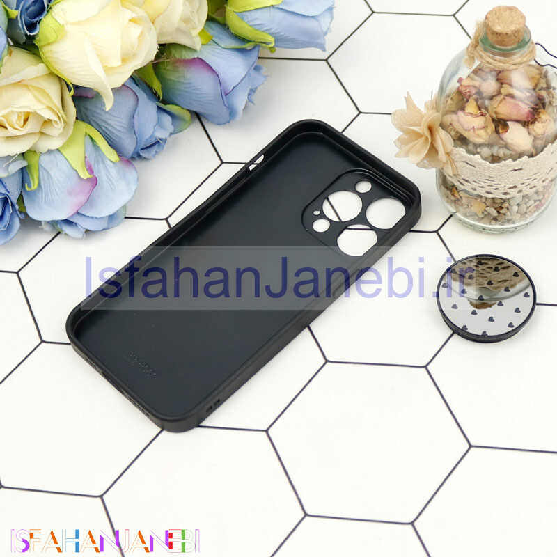 اصفهان جانبی-قاب محافظ لنزدار آینه ای + پاپ سوکت طرح قلب مشکی iPhone 13 Pro