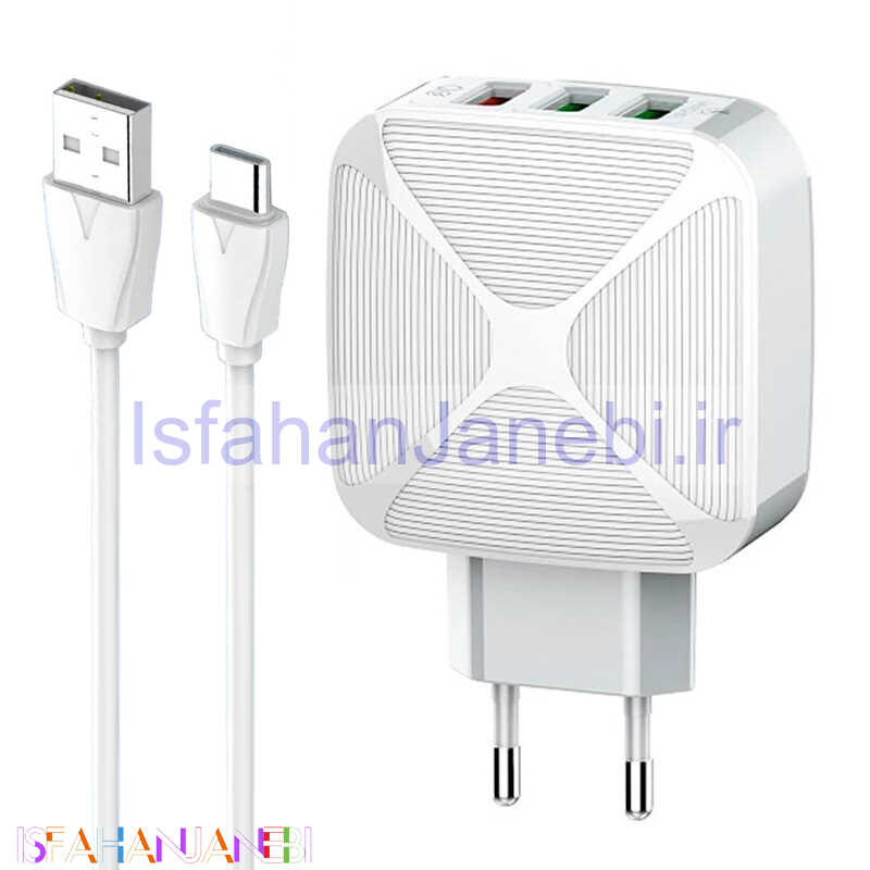 اصفهان جانبی-شارژر دیواری فست شارژ LDNIO A3310Q 3Port 3A QC3.0 30W + کابل تایپ سی