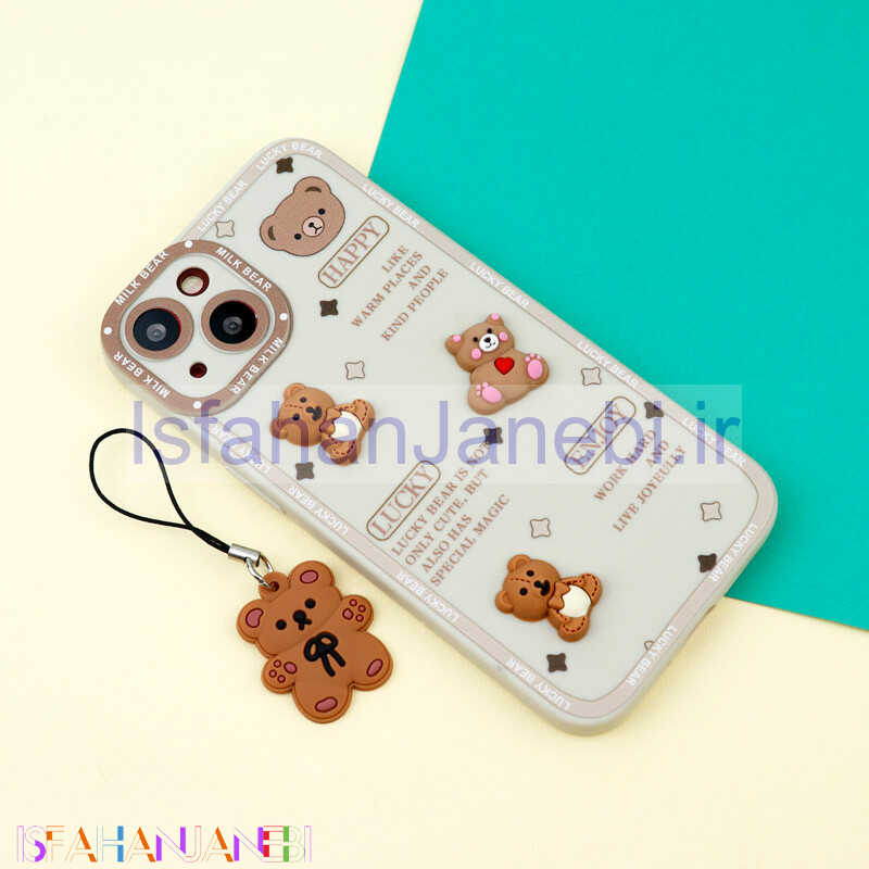 اصفهان جانبی-قاب عروسکی خرس برجسته محافظ لنزدار + آویز خرسی iPhone 13
