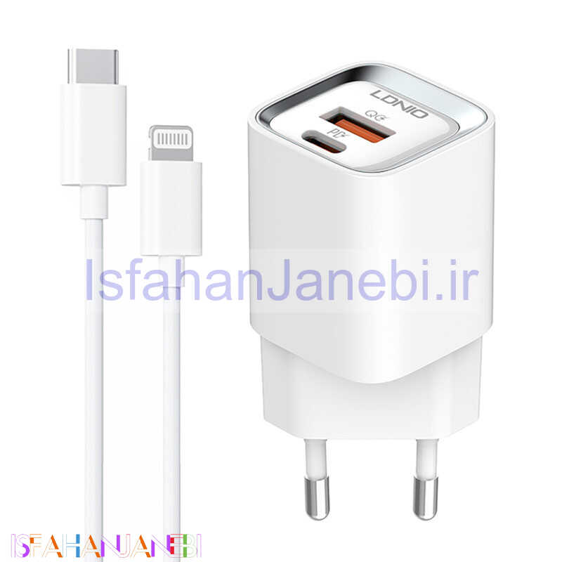اصفهان جانبی-شارژر دیواری 20 وات الدینیو A2318M QC3 PD 3A + کابل تبدیل آیفونی