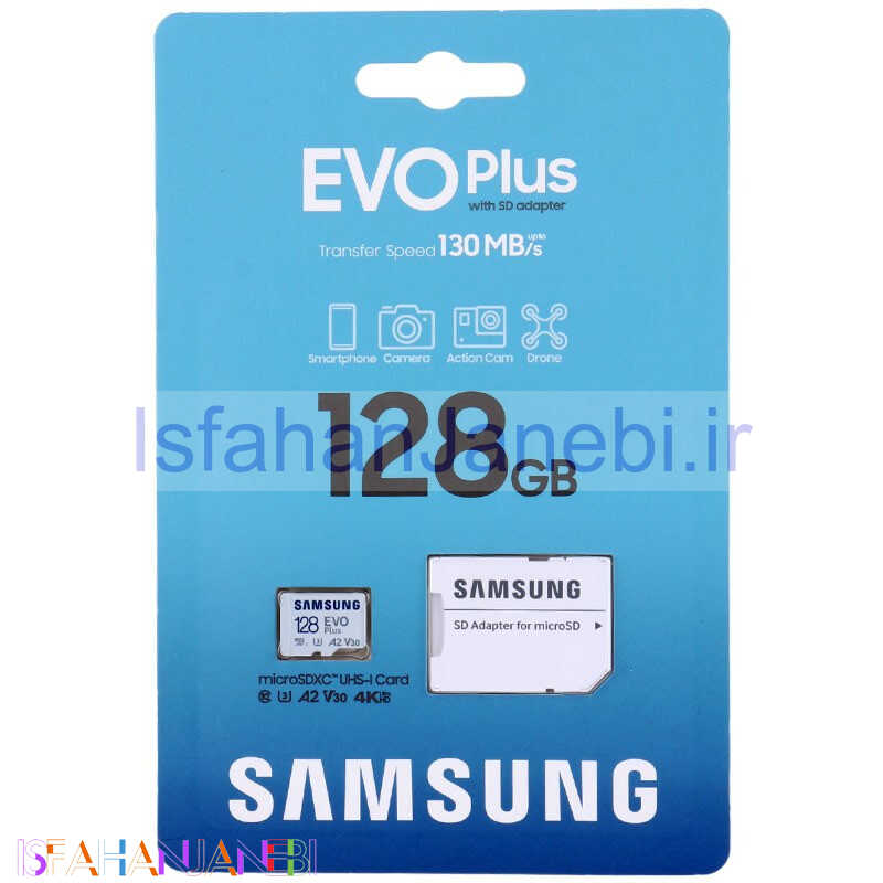اصفهان جانبی-رم میکرو 128 گیگ سامسونگ Samsung Evo Plus V30 U3 A2 C10 130MB/s + خشاب
