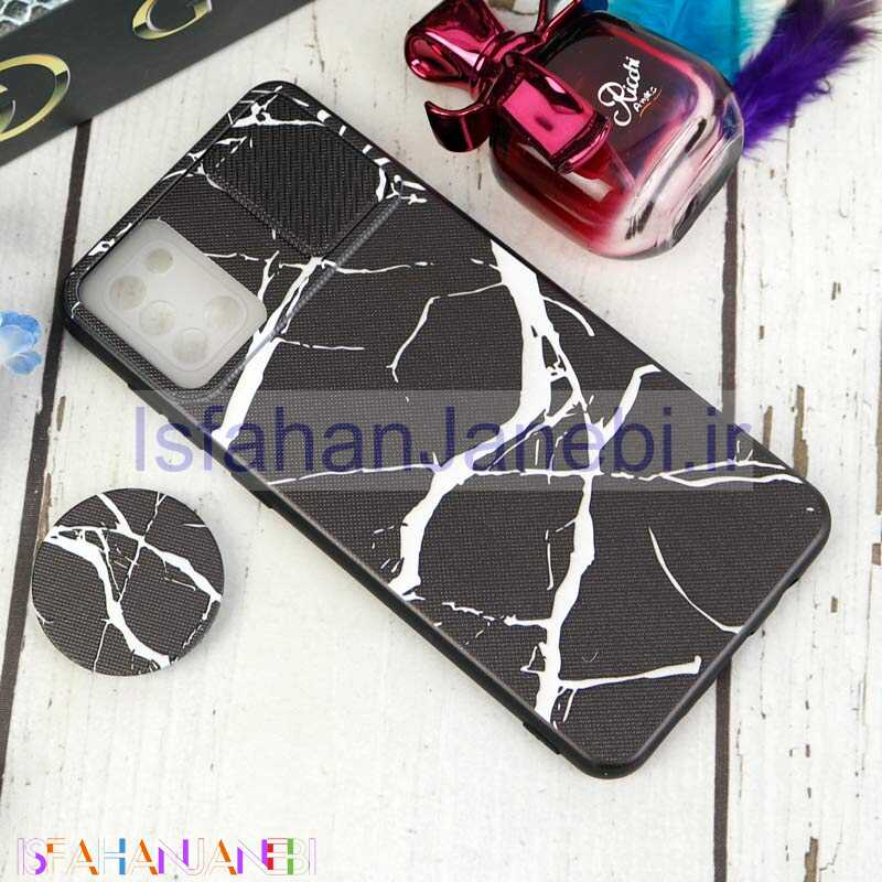 اصفهان جانبی-قاب طرحدار محافظ لنزدار کشویی + پاپ سوکت طرح سنگی مشکی سامسونگ A31 سری C