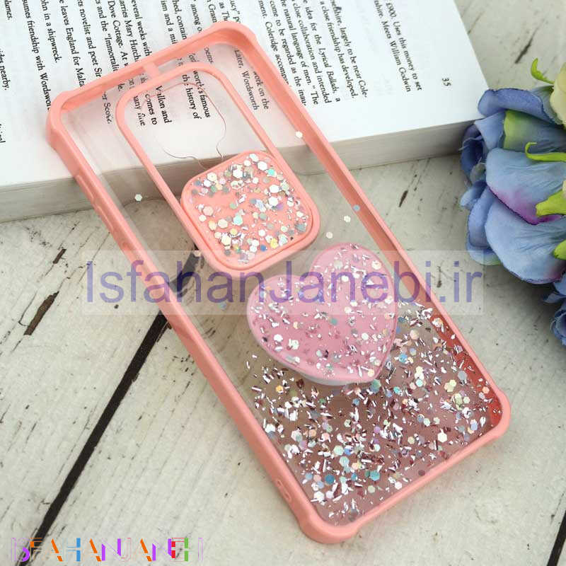 اصفهان جانبی-قاب محافظ لنزدار کشویی اکلیلی شفاف + پاپ سوکت قلبی Xiaomi Redmi Note 9s