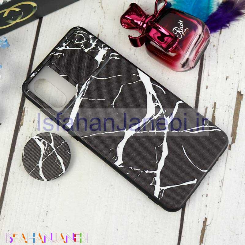 اصفهان جانبی-قاب طرحدار محافظ لنزدار کشویی + پاپ سوکت طرح سنگی مشکی سامسونگ A02 سری C