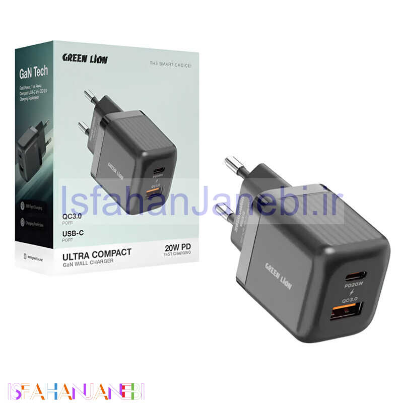 اصفهان جانبی-شارژر دیواری 20 وات گرین لاین Ultra Compact GL-WC31 GaN QC3.0 PD 3A