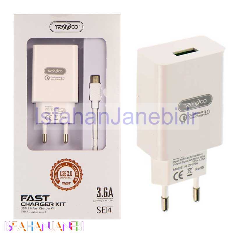 اصفهان جانبی-شارژر فست شارژ Tranyoo SE4 3.6A + کابل میکرو یو اس بی