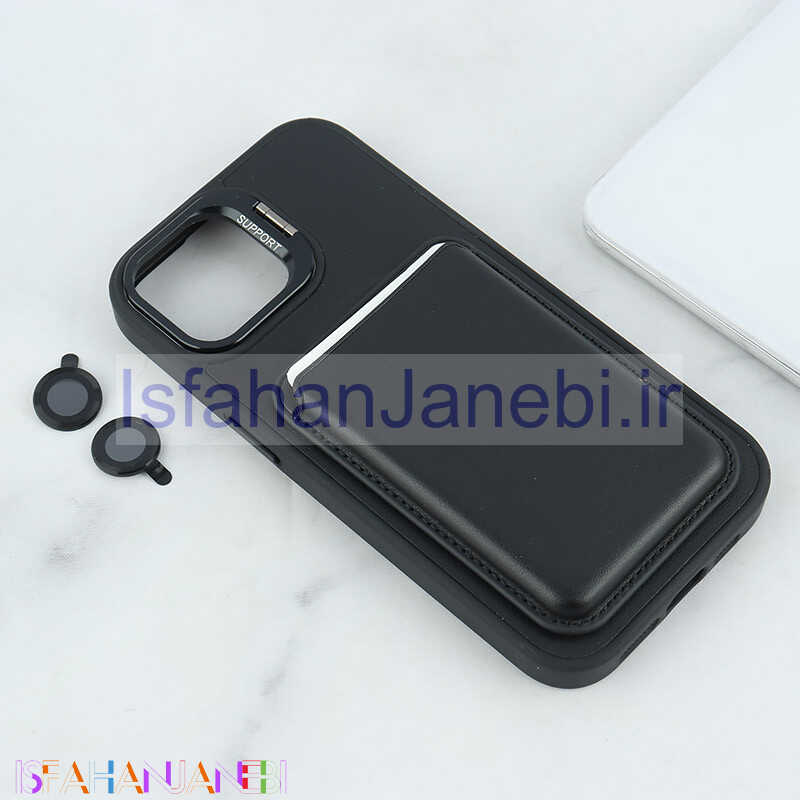 اصفهان جانبی-قاب مگ سیف Support آیفون iPhone 15 جاکارتی دار استندشو با محافظ لنز رینگی