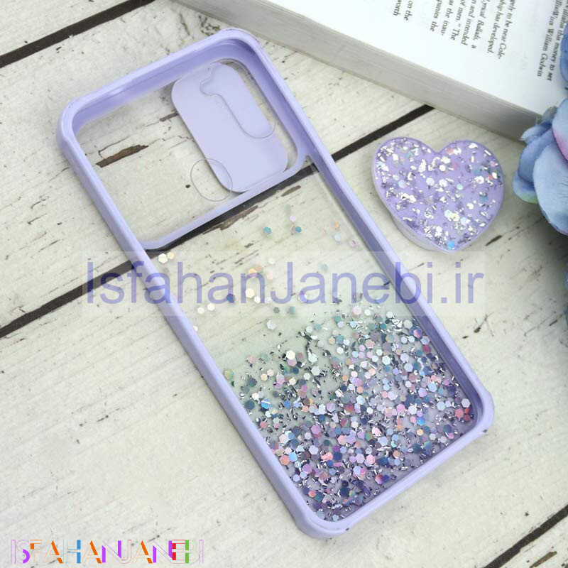 اصفهان جانبی-قاب محافظ لنزدار کشویی اکلیلی شفاف + پاپ سوکت قلبی Samsung Galaxy A11