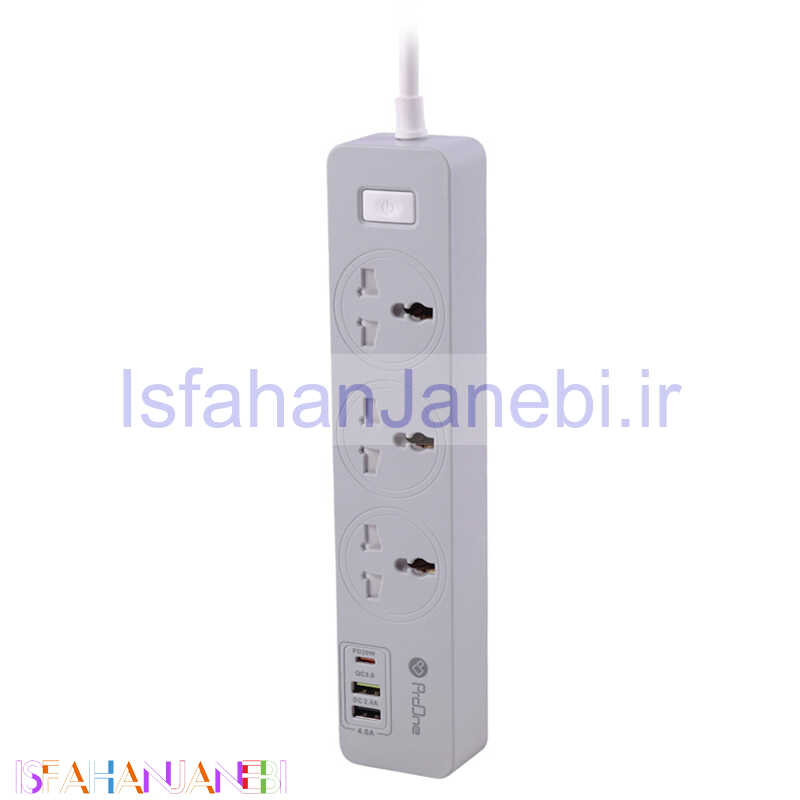 اصفهان جانبی-چند راهی 3 خانه برق ارت دار پرووان PPS615 با کابل 1.8 متری + شارژر USB و Type-C