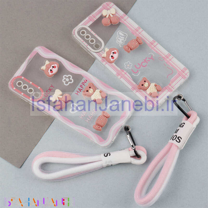 اصفهان جانبی-قاب ژله ای عروسک برجسته محافظ لنزدار + بند آویز لنیارد Samsung Galaxy A30s / A50 / A50s