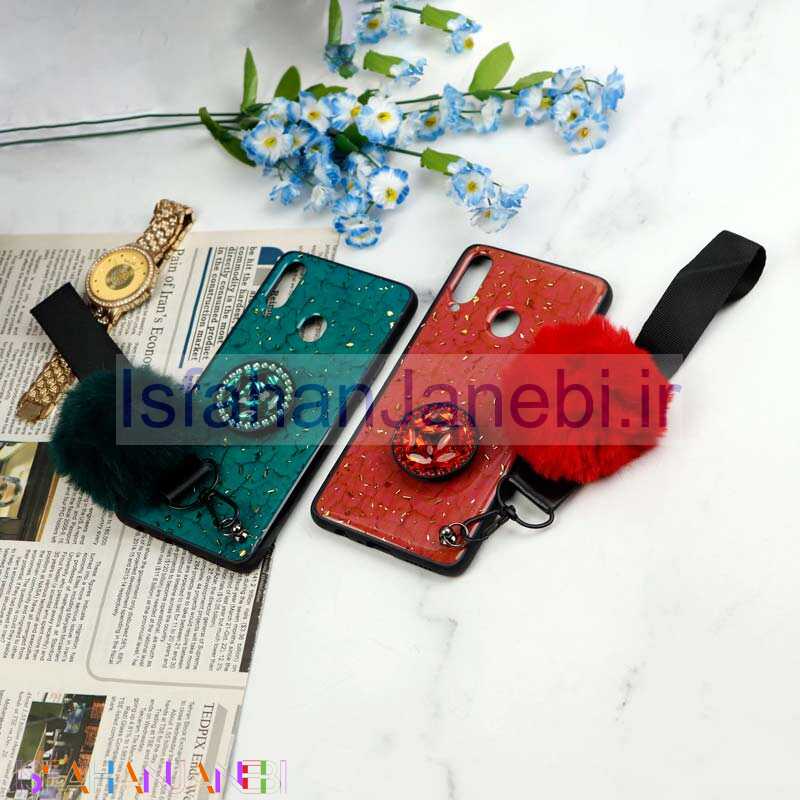 اصفهان جانبی-قاب ماربل طلایی پوم پوم دار + پاپ سوکت الماسی Samsung Galaxy A20s