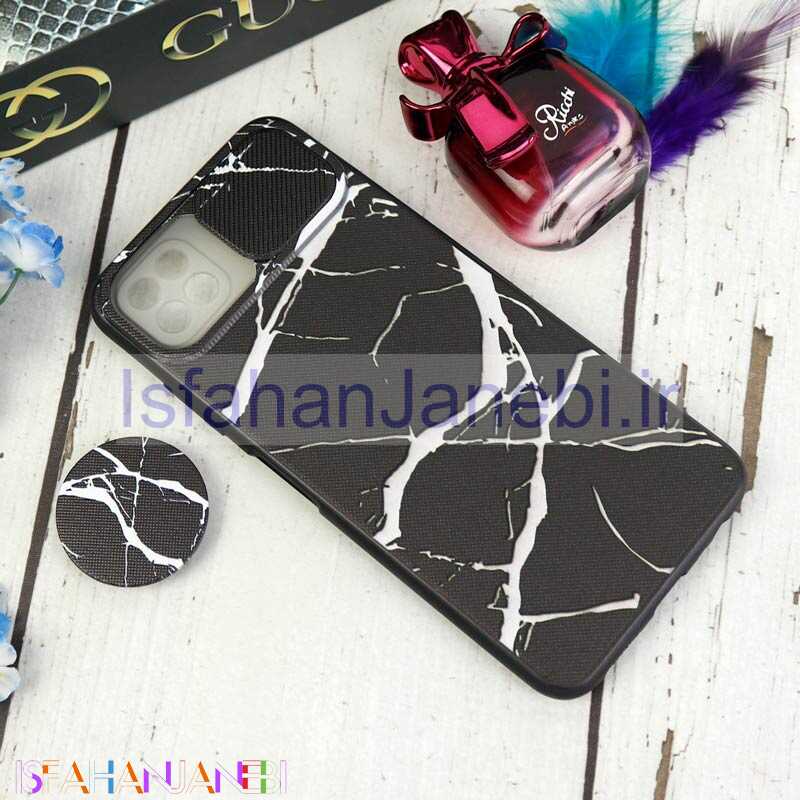 اصفهان جانبی-قاب طرحدار محافظ لنزدار کشویی + پاپ سوکت طرح سنگی مشکی سامسونگ A22 5G سری C
